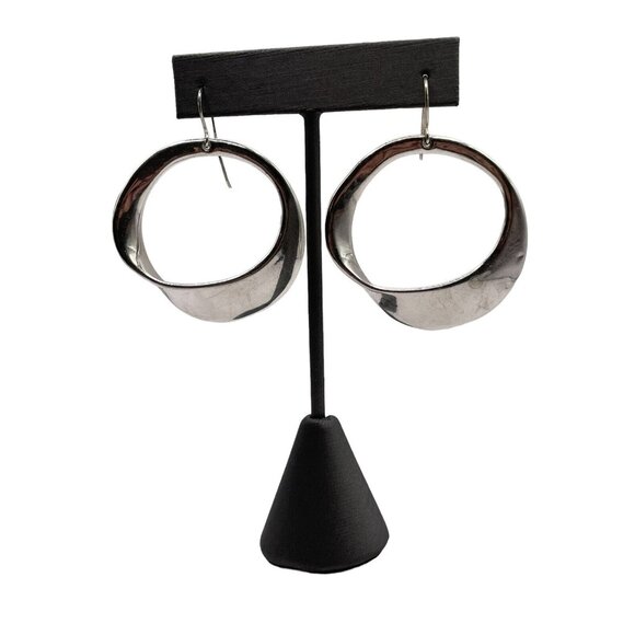 Sterling Silver Plated Abstract Open Hoop Earrings Pierced Signed Israel - Picture 2 of 14